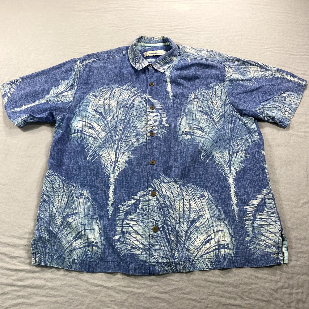 Tommy Bahama Shirt Adult Large Blue Floral Silk Hawaiian Beach Camp Casual Mens